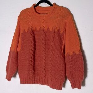 Handmade Orange Pink Chunky Knit Crew Neck Sweater M